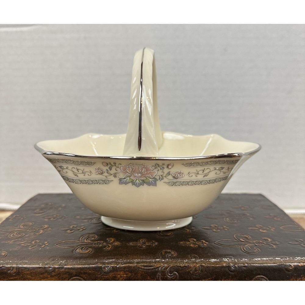 Vintage 80s Lenox Charleston Porcelain Basket Silver Trim Pink Flowers Handled